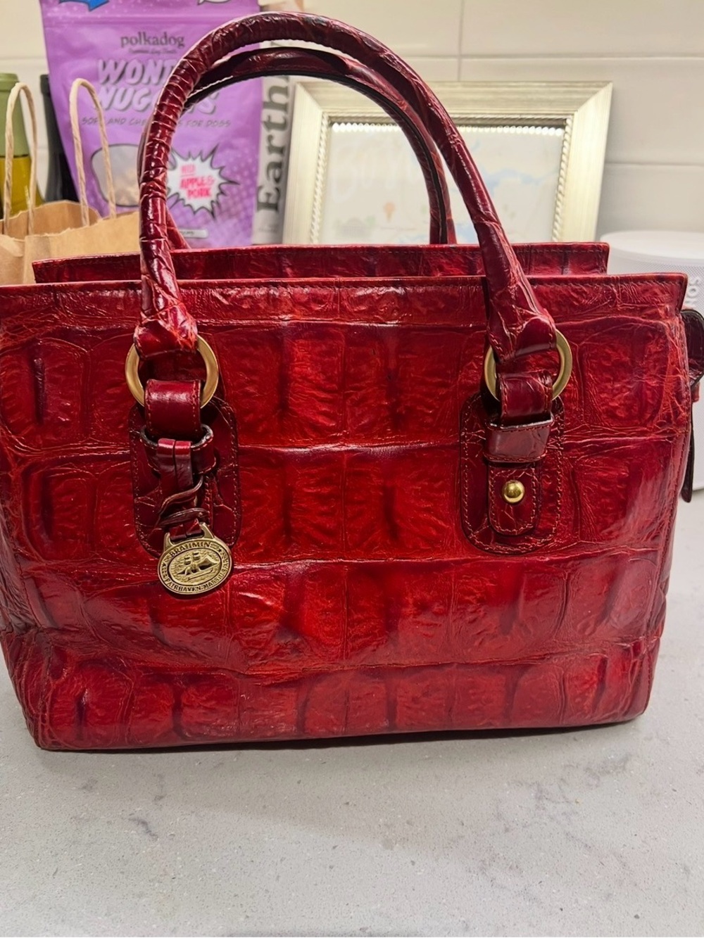 Vintage Red Brahmin Croc Embossed Leather Tote Bag